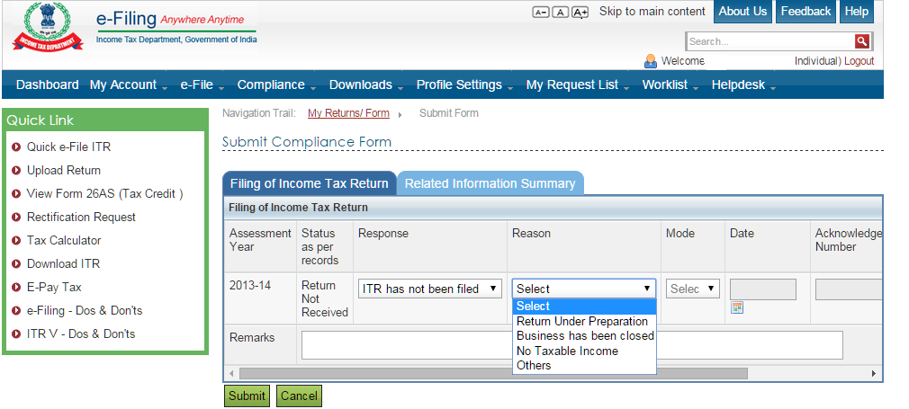 Submit your response to compliance module if return has not been filed